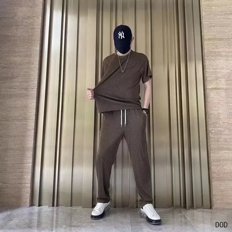 High-End Ice Silk Men's Sports Suit Casual Home Use Long Pants Short Sleeves Quick Drying Top Set Summer Collection