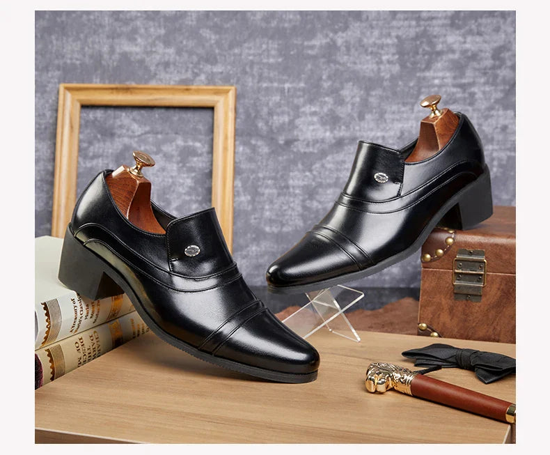 Men Business Formal Height Increasing Leather Shoes Classic Retro Elevated Loafers Lift Dress Shoes for Wedding Banquet Office