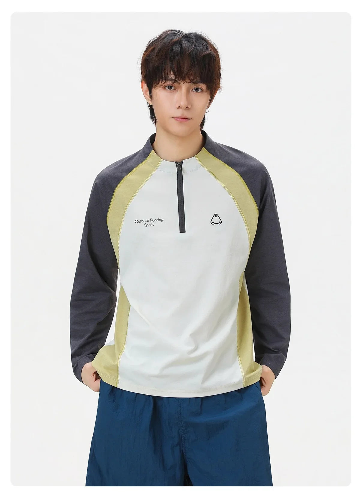 Men's Retro Colorblock Raglan Sleeve Long Sleeve T-Shirt – Loose Fit Half-Zip Athletic Top with Moisture-Wicking Fabric