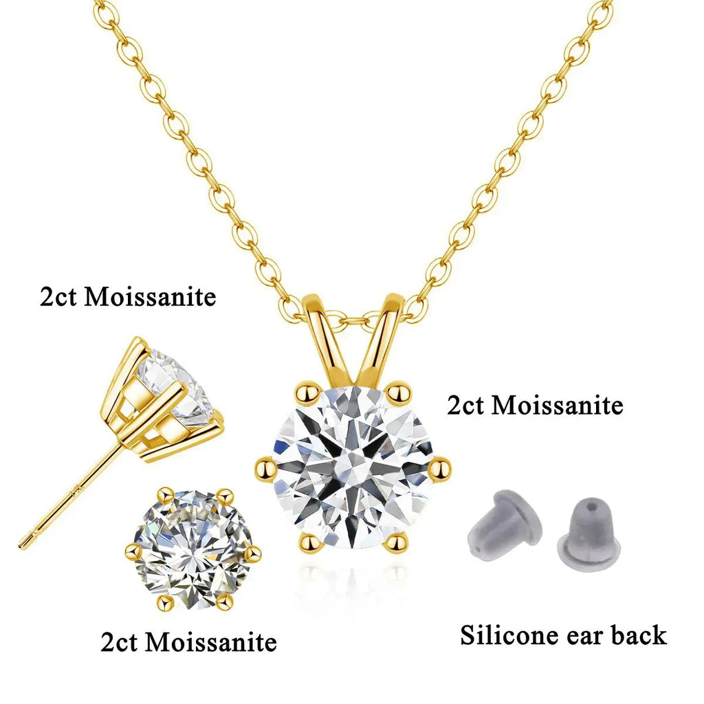 100% Real Gold 14K Moissanite Earrings Pendant Necklace Ear Stud For Wedding Engagement Valentine's Day Jewelry Set Gift
