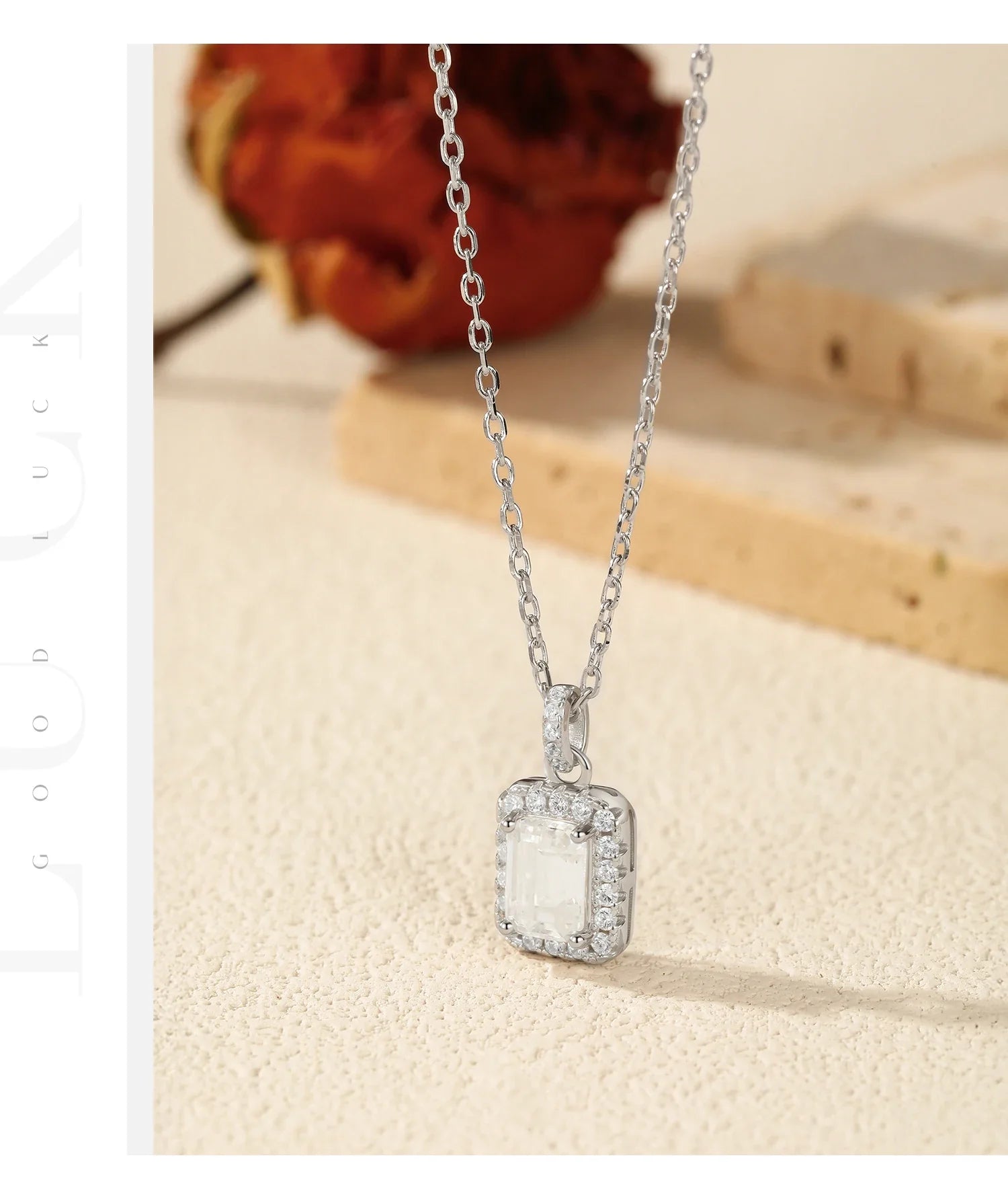 1CT D Color Emerald Cut Moissanite Halo Necklace 925 Sterling Silver Rectangle Wedding Pendant Necklace For Women Jewelry