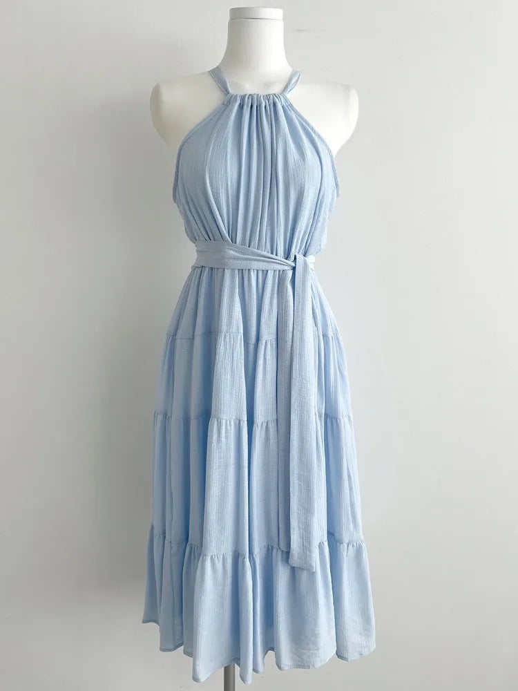Korean Style Summer Slimming Necktie Waist Cinched Sleeveless Vest Long Dress Women's Fashionable Commute Style Inner Wear