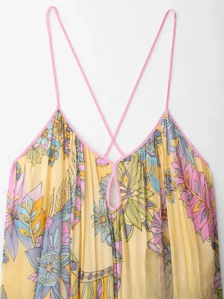 Sexy Floral Print Chiffon Print Loose Dress Women Cami Loose Beach Dress Fashion 2025 Summer Backless Female Dress