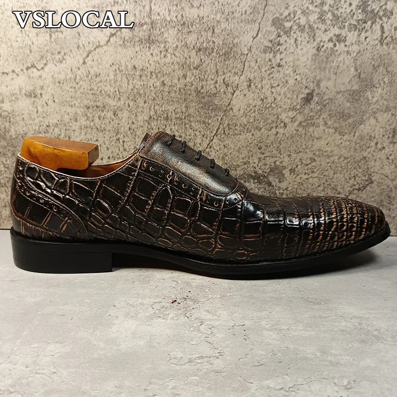 Luxury Brand Men Oxford Shoes Lace-up Crocodile Print Casual Men Classic Dress Shoes Banquet Party Leather Shoes For Men
