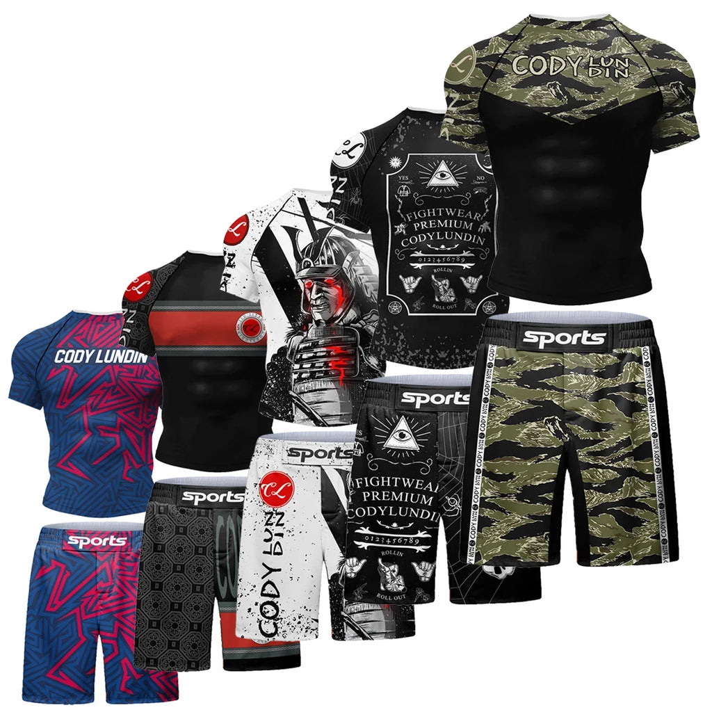 Popular Beach Surf Wear Short Sets For jiu jitsu Bjj No Gi Rashguard+Grappling Shorts Cool Westling stretchy Running Gym Clothes
