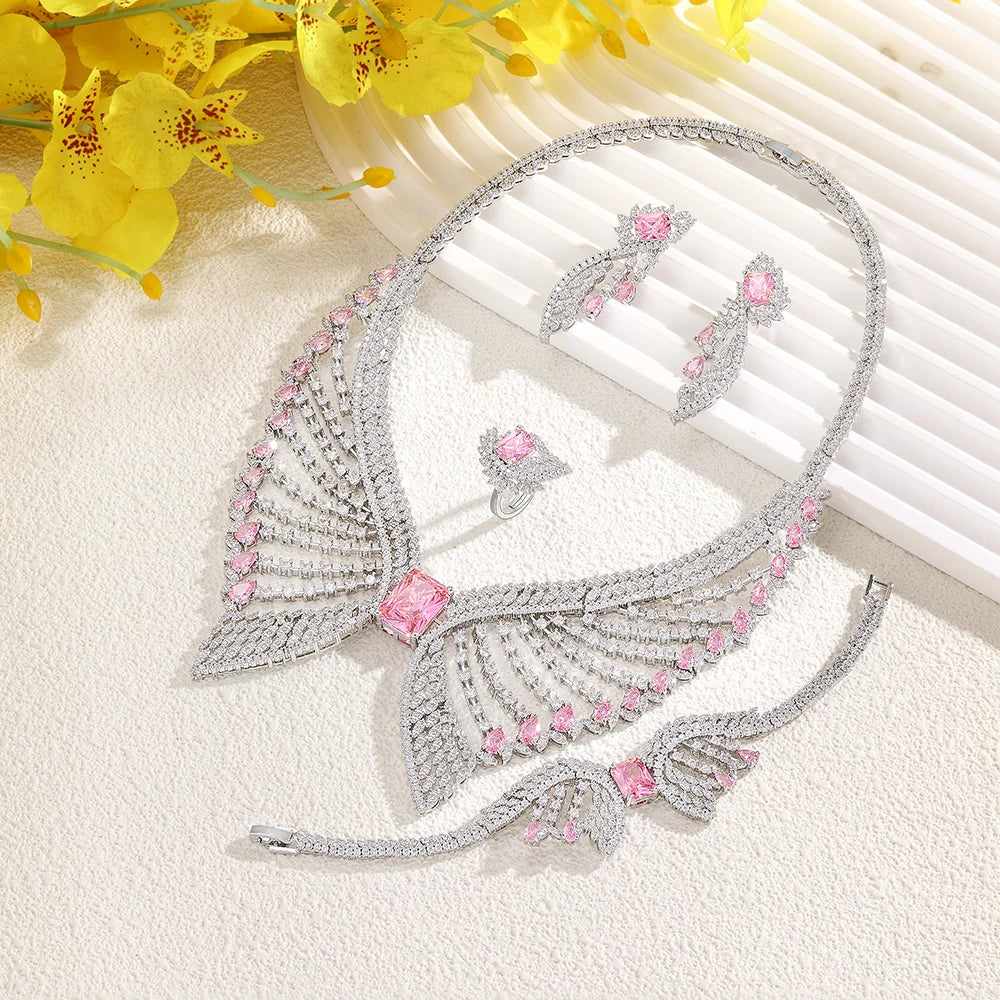2025 Popular 4-piece Bridal Zirconia Full Set Women's Party Jewelry, Luxury Dubai Nigeria CZ Luxury Crystal Wedding Necklace Set