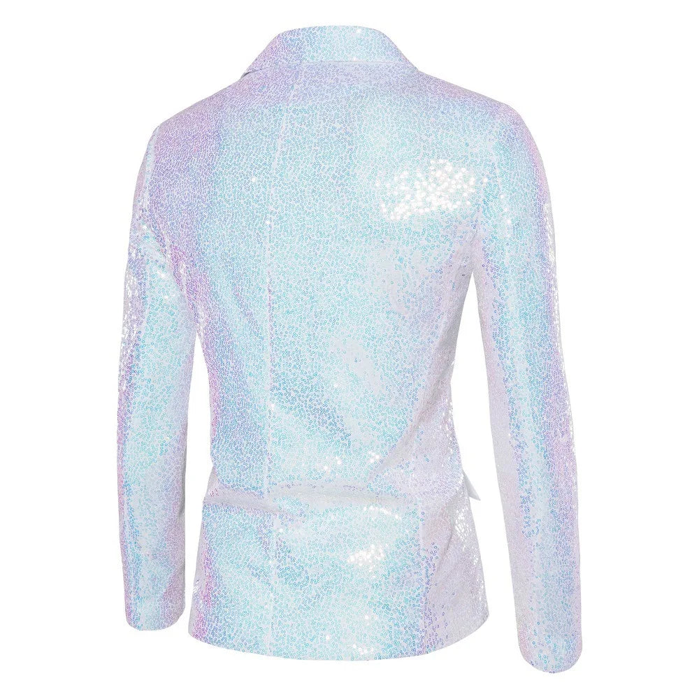 2026 Men's Suit Jacket, Shiny Sequin Stage Performance Coat, White Silver Blue Red Purple Blazers V-neck Single Button S-XXL