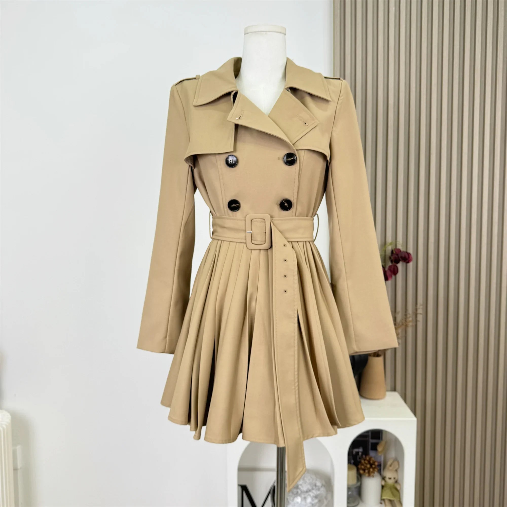 New Autumn Winter Women's Windbreaker Dress Mini Skirt Long Sleeve Empire Waistline Outerwear Female Long Coat N967