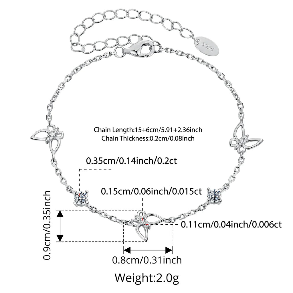 Moissanite Hollowed Butterfly Bracelet Adjustable 925 Sterling Silver Wrist Link Chain for Women Teen Romantic Gift