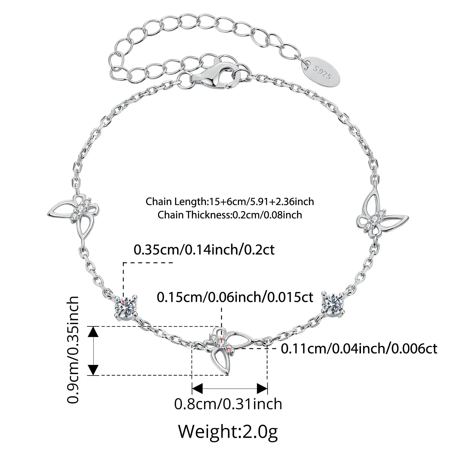 Moissanite Hollowed Butterfly Bracelet Adjustable 925 Sterling Silver Wrist Link Chain for Women Teen Romantic Gift