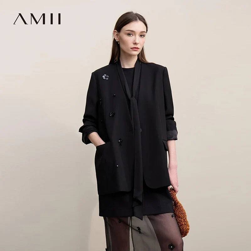 Amii Women's Jacket 2026 Autumn New Elegant Commuter Beaded Flower Chiffon Streamer Tie Blazers Solid Loose V-Neck Top 12641078