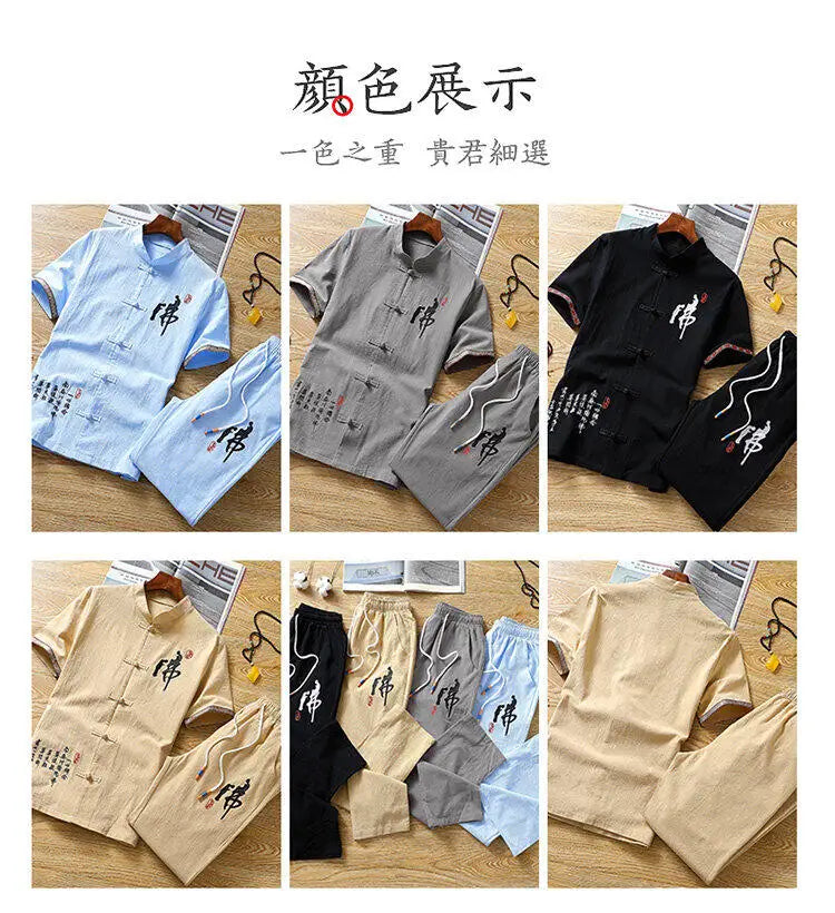 Summer Chinese style Shirts + Pants Dragon Embroried 100% Cotton linen Sportswear Men's Casual Sets Male Fashion Chinese style