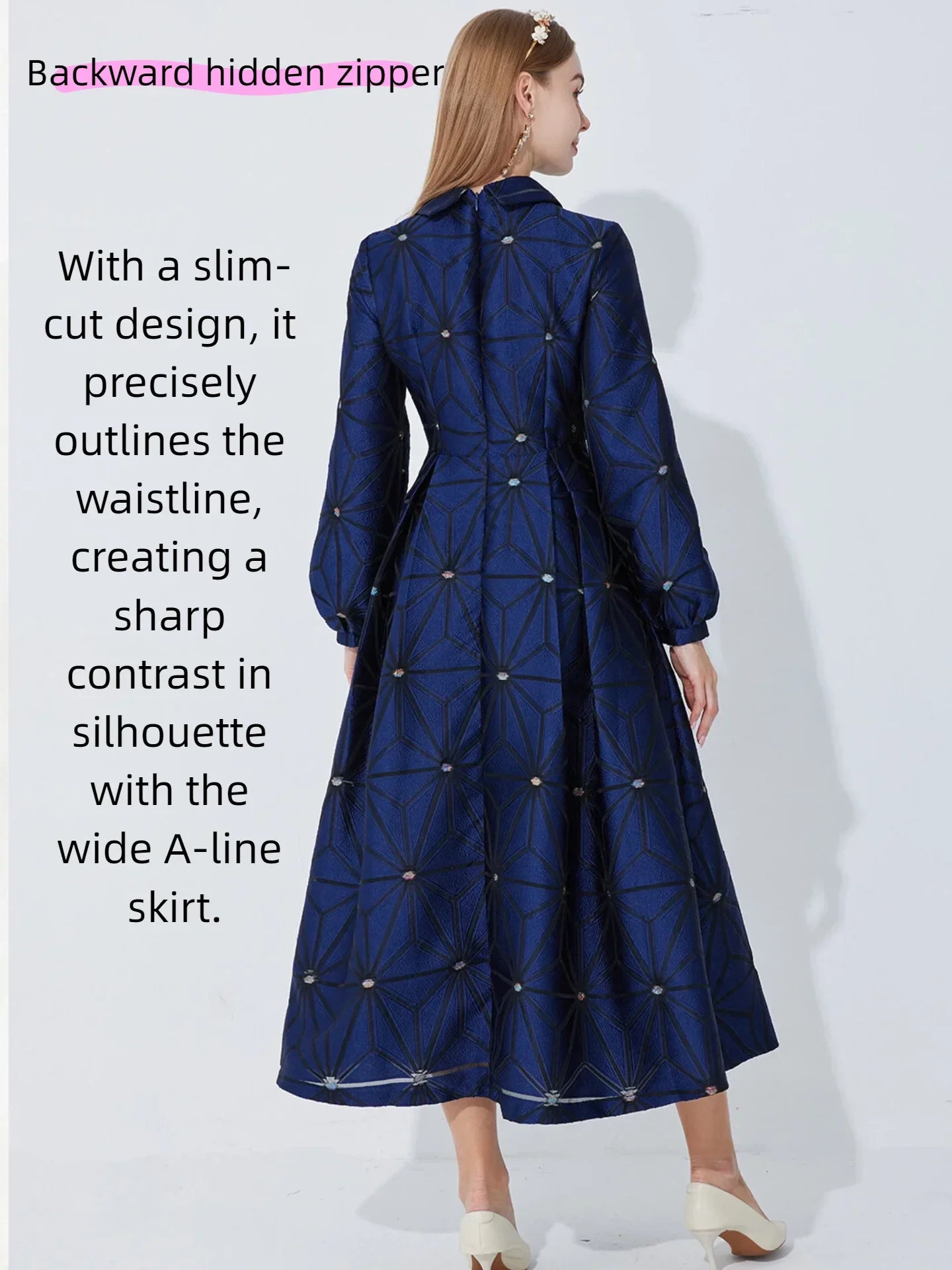 Fall/Winter Turned Collar Lined Sleeve A-Line Silhouette Geometric Heavyweight Jacquard Elegant and Graceful Long Dress