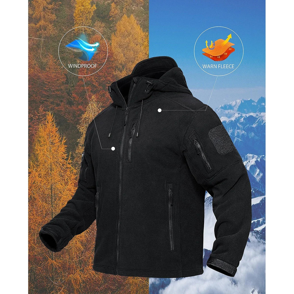Fall Winter Men's Hooded Fleece Jacket Full Zip Up Soft Warmth Windproof Coat Outdoors Working Hiking Fishing Outerwear
