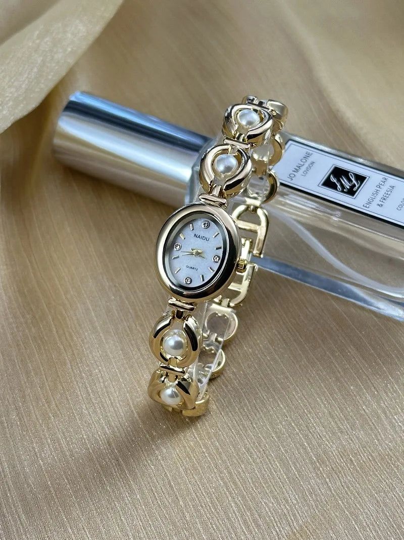 Luxury Pearl Inlaid Bracelet Watch Fashion Women Quartz Watch Brand Oval Dial Dress Wristwatches Dropshipping Relojes Para Mujer