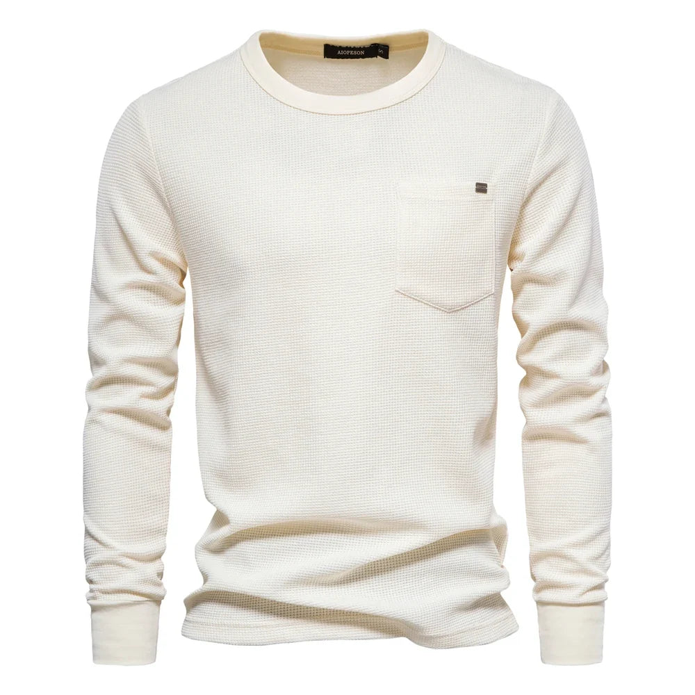 Waffle Cotton Solid Color Men Tshirts Single Pocket Long Sleeve Tee Shirts for Men New Spring Basic Breathable Tops Men