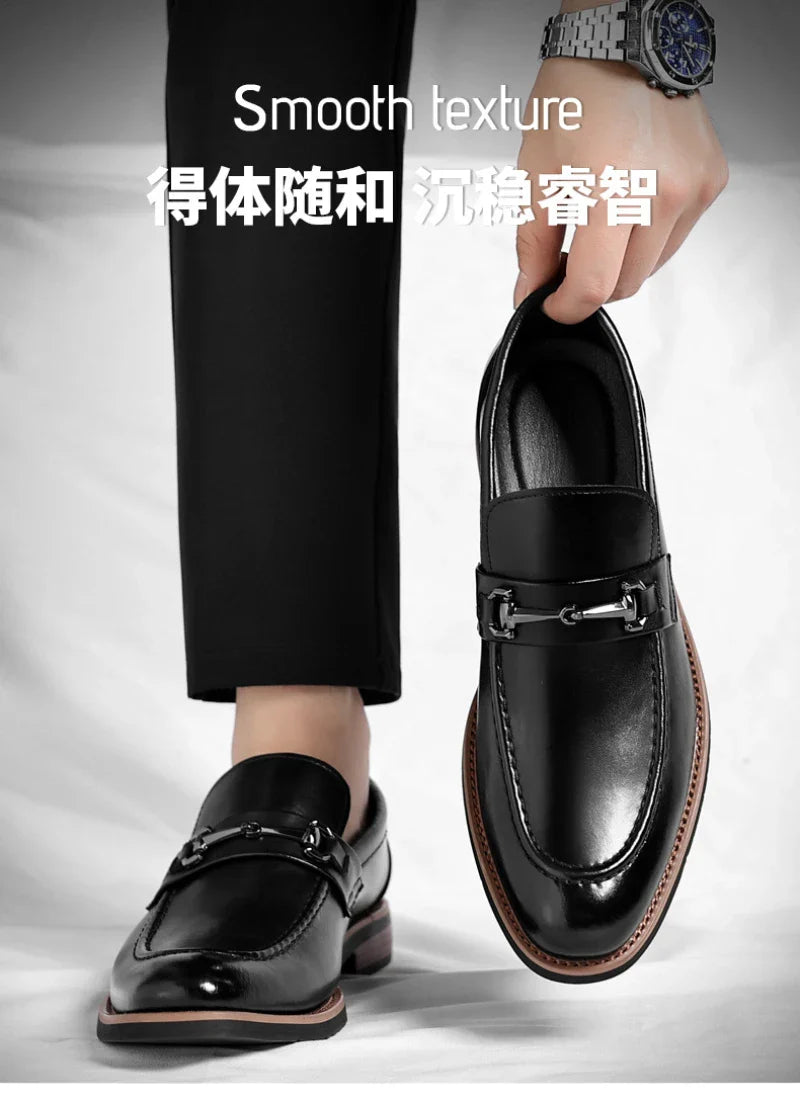 Mens Brown Burnished Genuine Leather Horsebit Loafers Slip On Formal Business Office Wedding Groom Daily Wear Shoes Simple New