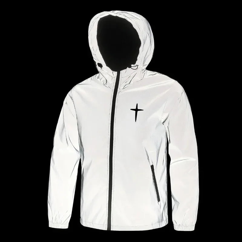 Men's Night Reflective Jacket Fashion Cross Printed Windproof Hooded Coats Streetwear Outdoor Cycling Jogger Safety Outerwear