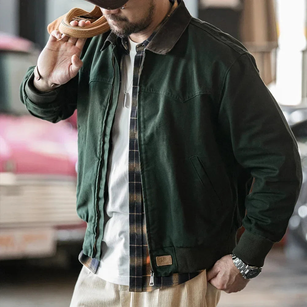Retro Heavyweight Santafe Canvas Jackets Cotton Corduroy Lapel Ribbed Hem Cuffs Short Jacket for Men's Autumn Overcoat