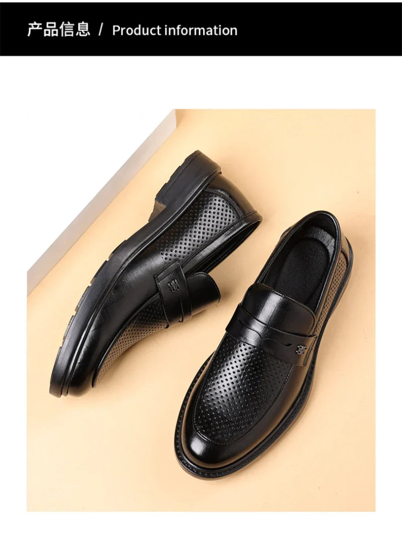 Mens Black Penny Loafers With Perforated Detail Slip On Comfortable Breathable Dress Shoes For Business Office And Summer Wear