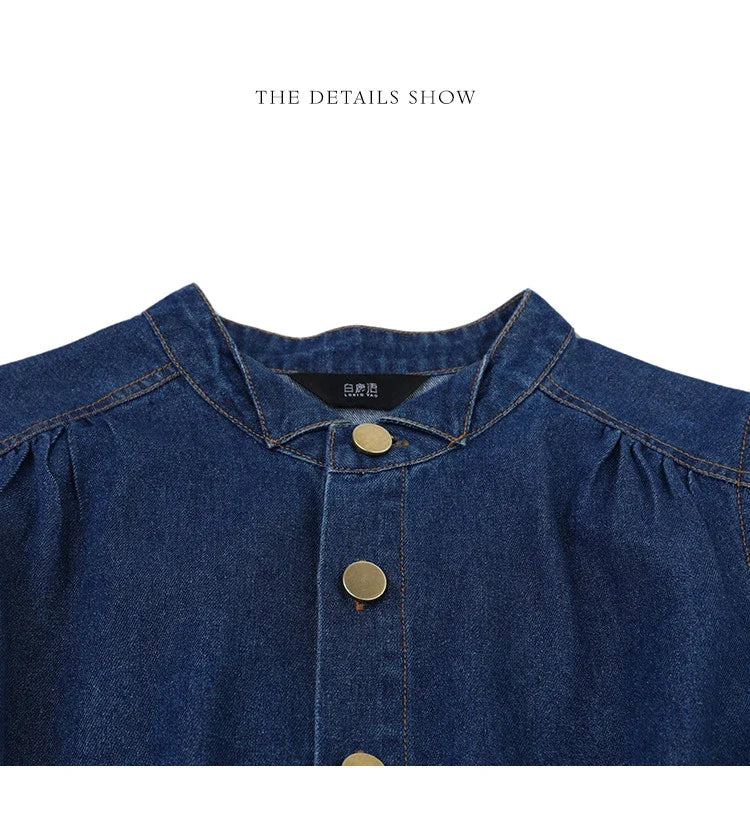 Women Denim Dress Retro Style Casual 2024 Spring Round Neck Three-quarter Sleeve Slim Fit A-line Fishtail Dress