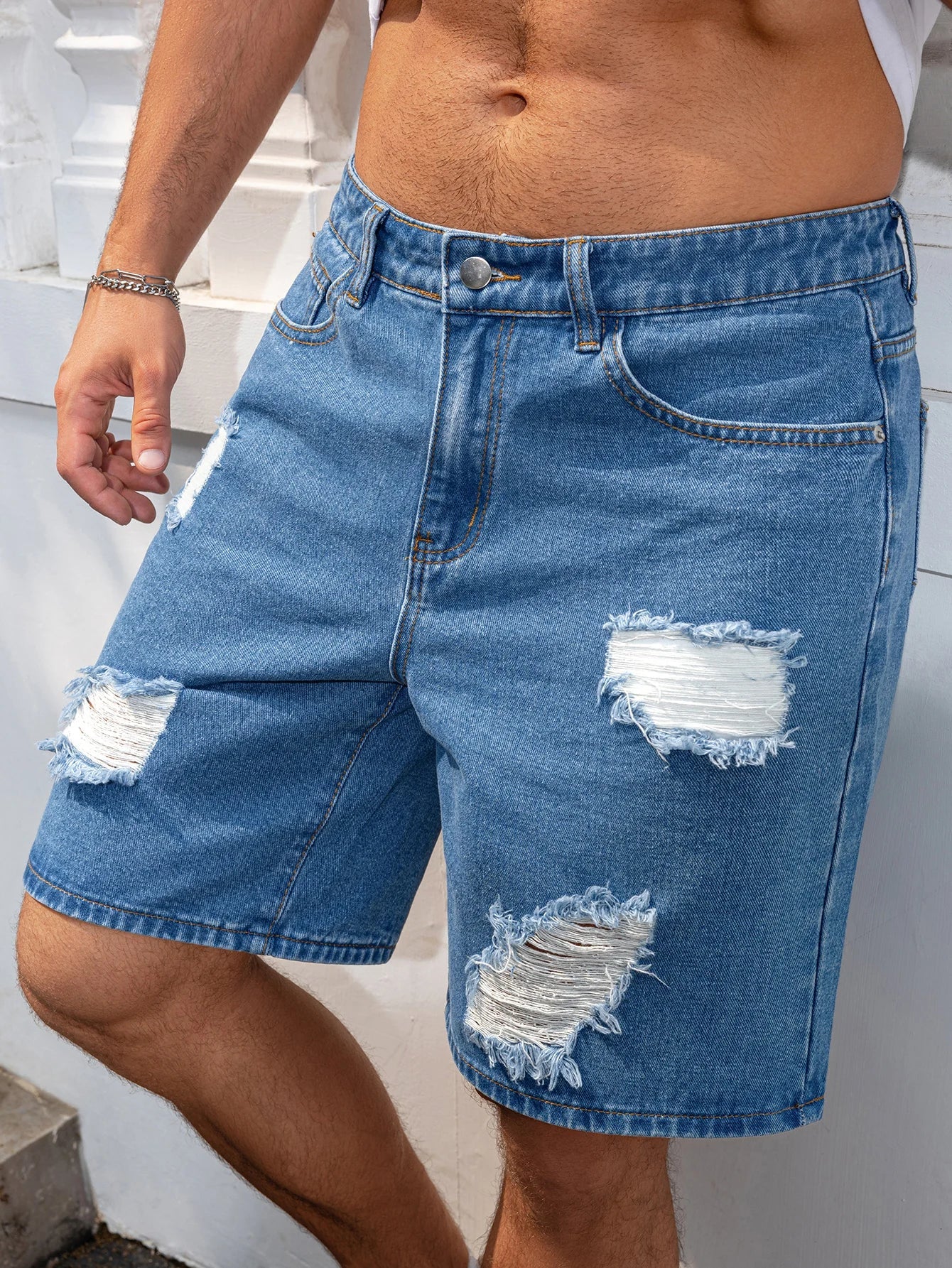 2026 Summer Men's Fashionable Blue Ripped Denim Shorts Loose Fit Non-stretch Fabric BlueWhite Simple Clean Cool Color Men Pants