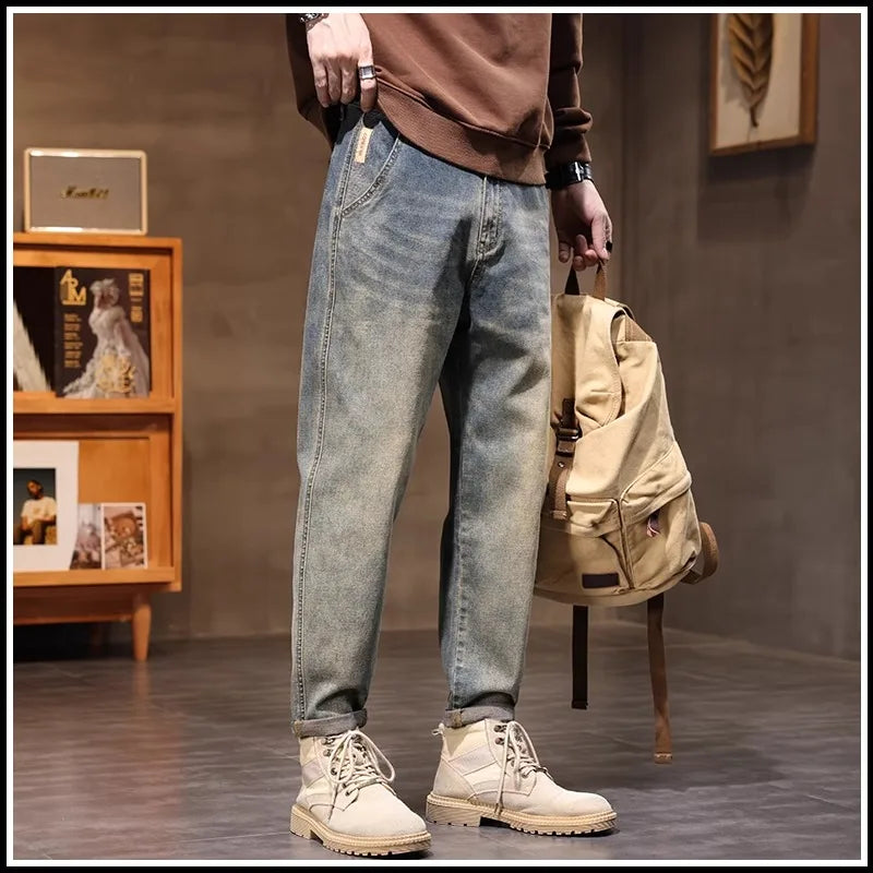 Retro American Style Men's Jeans Loose Fit Heavy Casual Slim Leg Cotton Pants Elastic Waist Korean Denim Jeans for Spring Autumn
