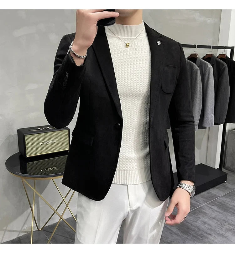 Plus Size 4XL-M Autumn Deerskin Velvet Jackets Blazer 6 Color Men Business Slim Blazers Hommes Casual Wedding Tuxedo Suit Coat
