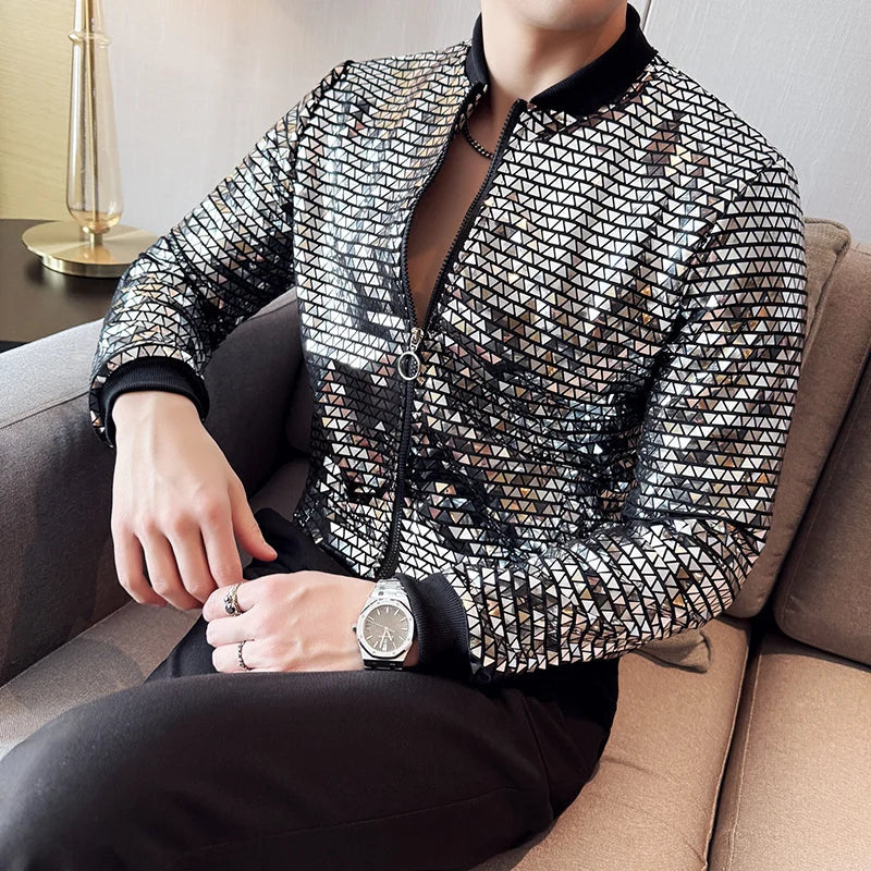 Men's Fashionable and Personalized Silver Sequin Jacket Summer New Ball Performance Suit Jacket Hip-hop Fashion Street Wear
