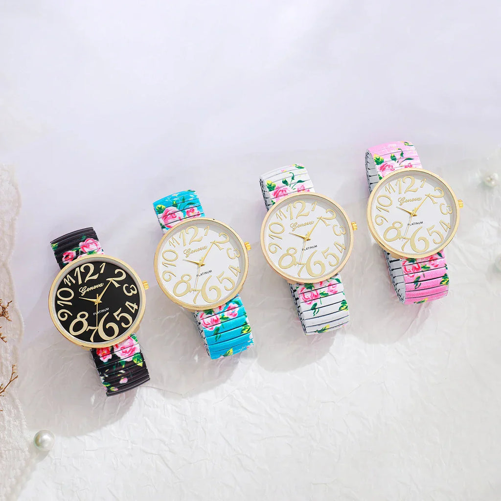 1/2/3/4PCS Fashion Flowers Printed Women Watch Luxury Elastic Strap Arabic Quartz Watches Reloj Mujer Girls Clock（Without Box）