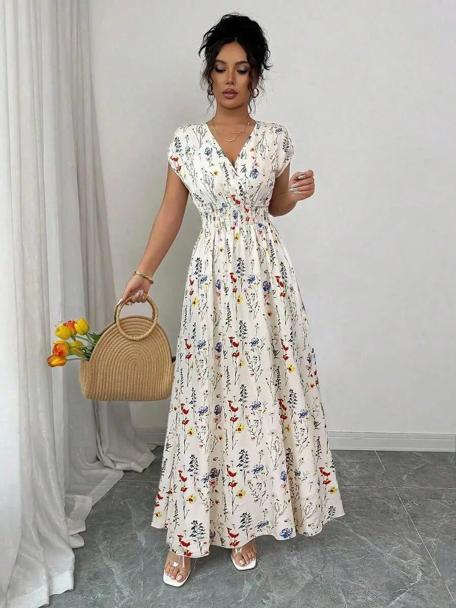 Women's Ditsy Floral V-Neck Sleeveless Waisted Maxi Dress