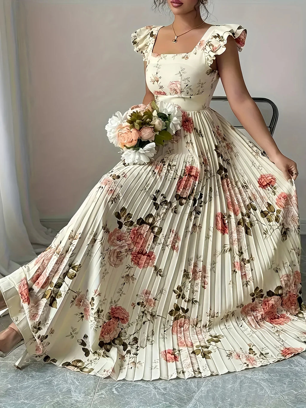 Elegant Beige Floral Pleated Midi Dress with Ruffle Square Neck and Stretch High Waist Slim Fit Party Evening Gown