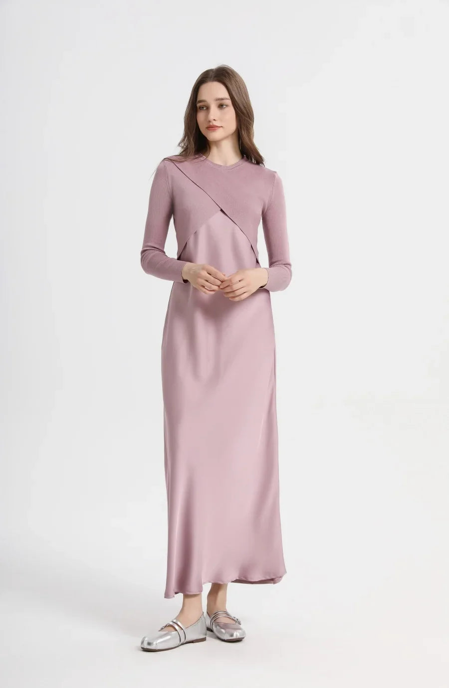 2025 spring summer elegance satin dress + knitted top match set maxi floor length woman clothes