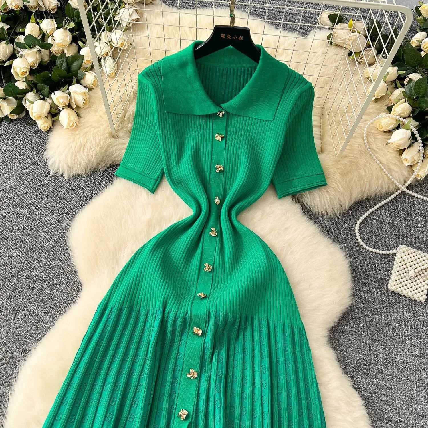 Chic Fashion Elegant Patchwork Knitted Maxi Dress 2025 Summer Lady Turn-down Collar Shirt Sweater Dress Party Vestidos