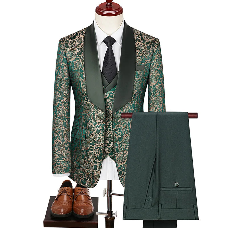 2025 New Large-Sized Jacquard Men's Suit for Wedding Dress, Groom's Suit Set, Host's Performance Costume
