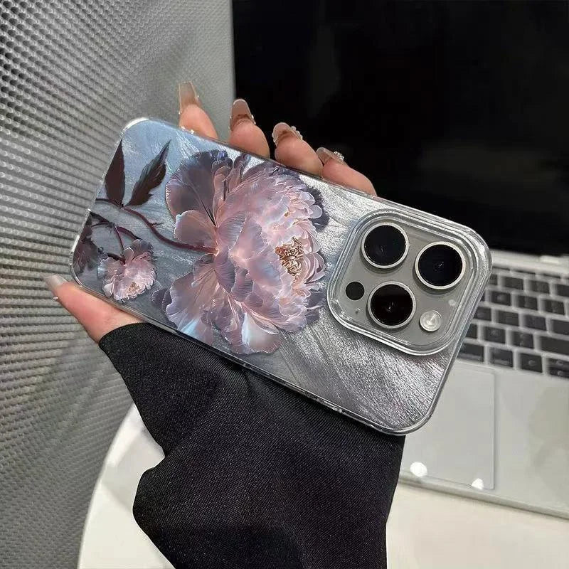 Pink Peony Lotus Print Phone Case for IPhone 16 15 14 13 12 11 17 Air Pro Max 15 Pro 7 8 Plus 16e Shockproof Silver Plated Cover