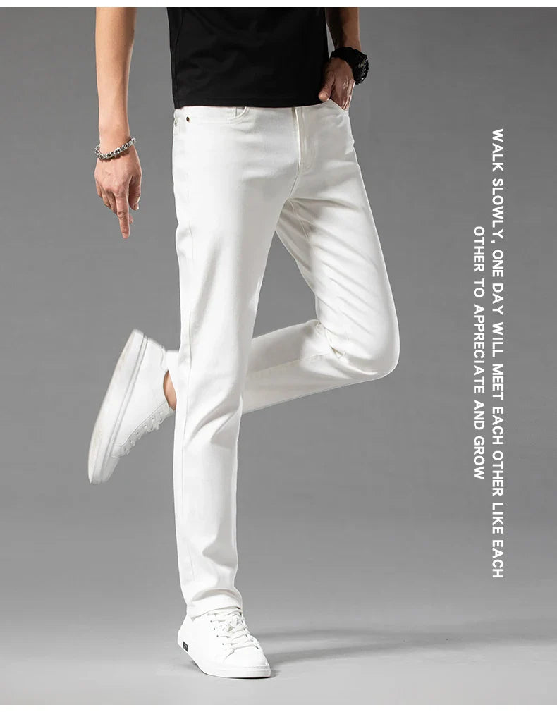 2026 Men White Jeans Fashion Casual Classic Style Slim Fit Soft Trousers Male Brand Advanced Stretch Pants