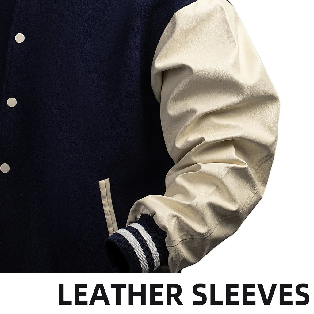 Men's Classic Varsity Jacket with Faux Leather Sleeves Letterman Style Baseball Coat Color-Block Lightweight Men's