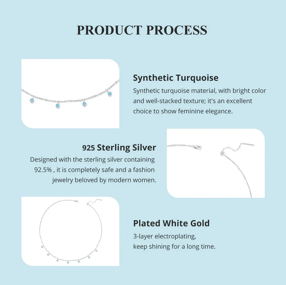 925 Sterling Silver Simple Clavicle Chain Chokers Turquoise Bead Necklace for Women Fine Jewelry Gift BSN388
