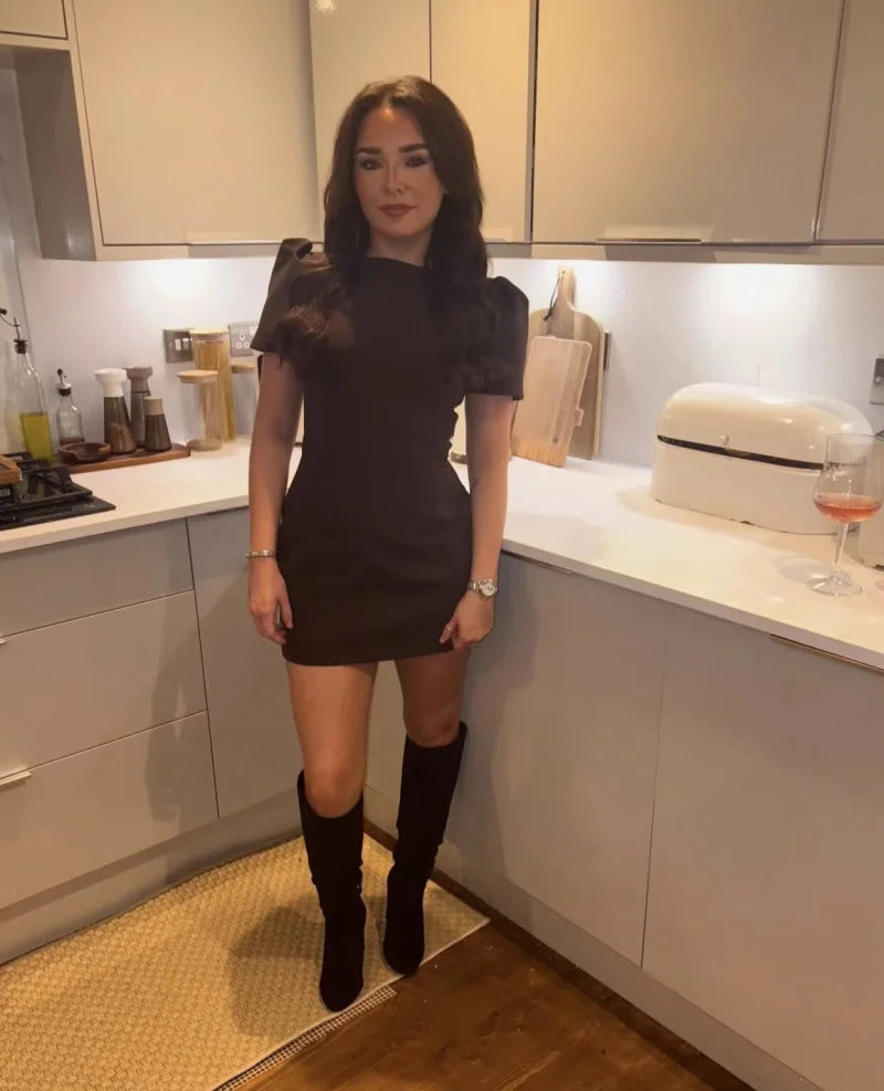 2025 women's new products are elegant and stylish Short dress with a boat neck and short sleeves with pleats  black dress