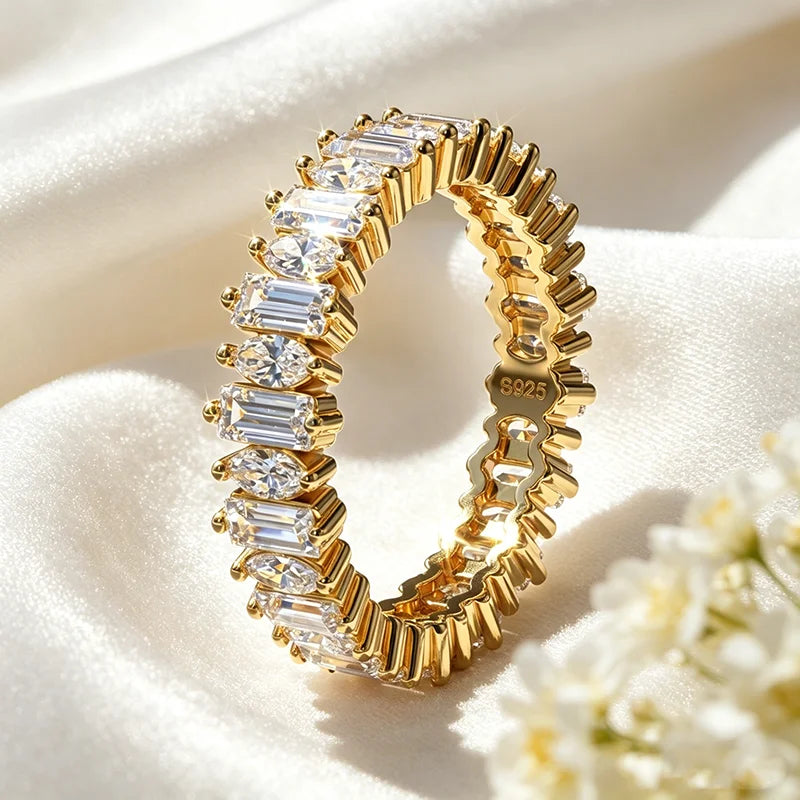 18k Plated 2*4mm Full Moissanite Rings for Women Emerald Cut Full Eternity Band S925 Sterling Silver Pass Diamond Tester