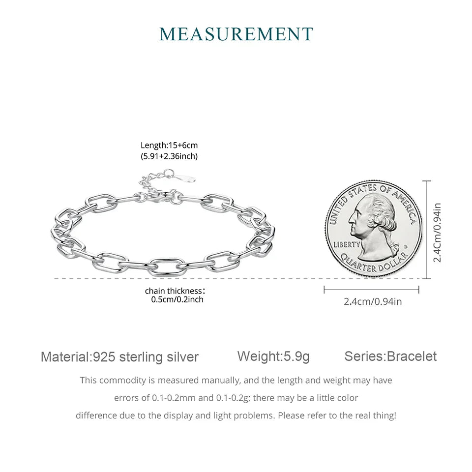 Genuine 925 Sterling Silver Adjustable Link Bracelet Paperclip Shape Wrist Chain for Women Pendant Beads DIY Making 0.5cm