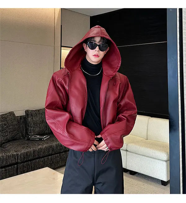 Spring Autumn Short Waterproof Black Pu Leather Jacket Men Hood Zipper High Waist Loose Casual Korean Fashion 2025