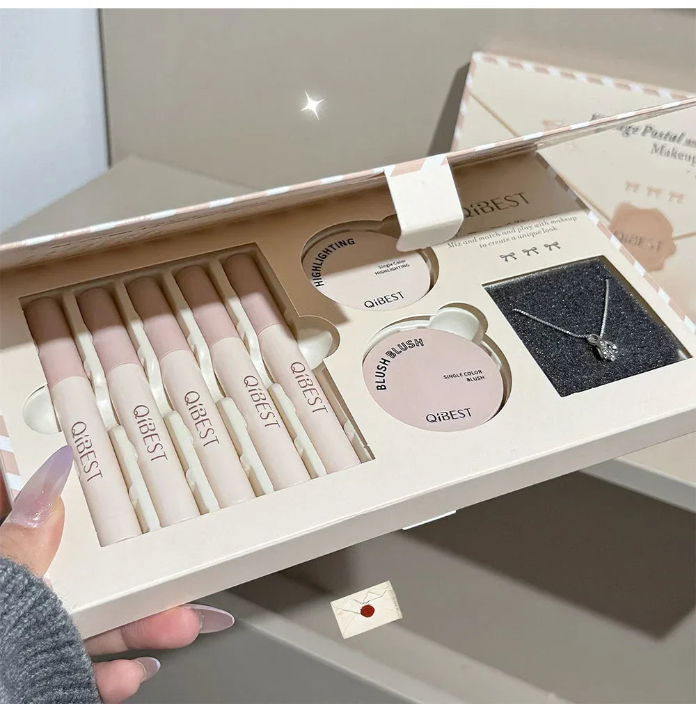 Retro Mail Makeup Set 5pc Matte Lip Mud,1 Blush,1 Highlight And 1 Necklace Gift Multipurpose Cosmetics Kits For Women