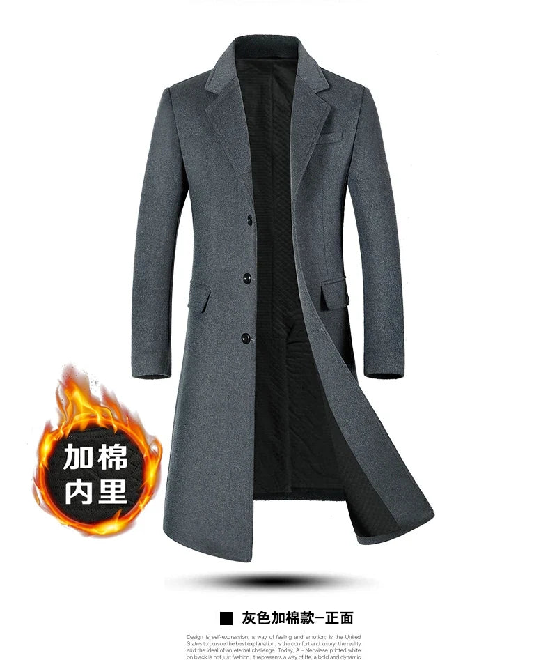 Men's High-Quality Autumn Winter Wool Coat Long Fashion Trench Coat Over-the-Knee Thick Cotton M-4XL