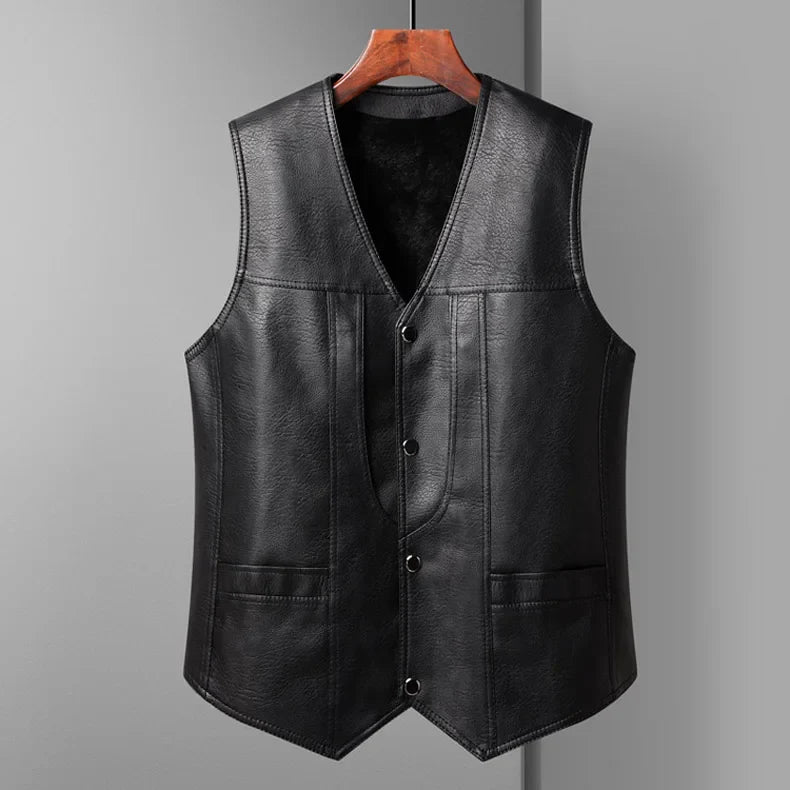 2024 Winter Men Thick Warm Fleece Leather Vest Coat  Male V-Neck Single Breasted Vest Casual Male Clothing Outerwear