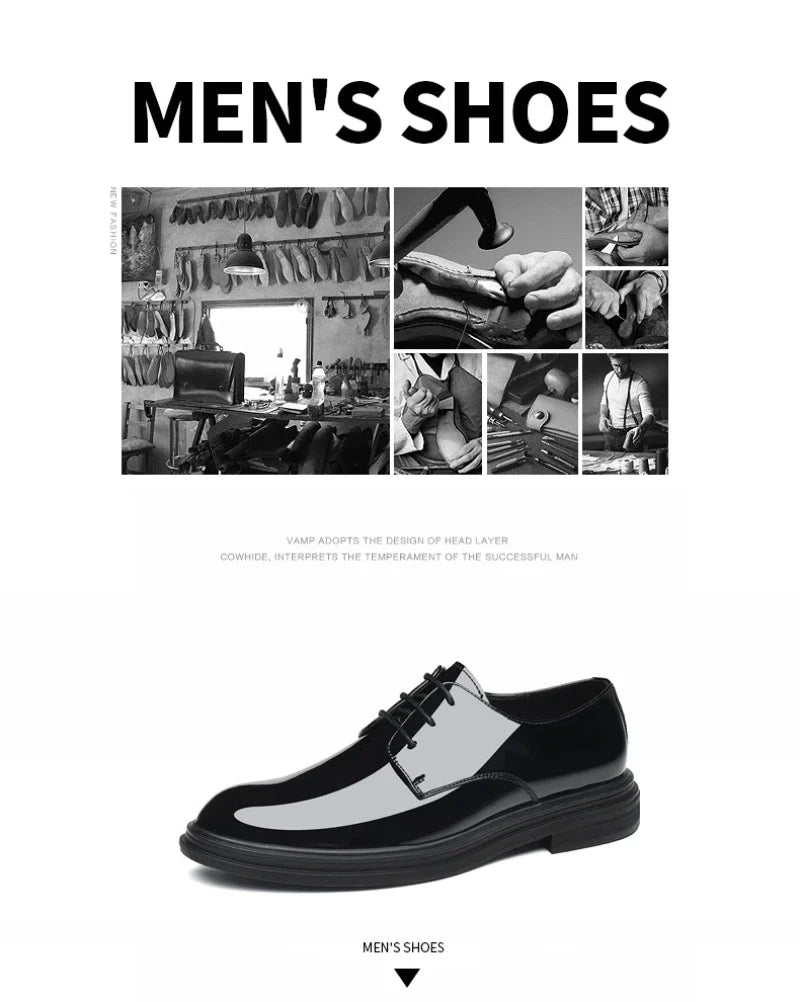 Mens Black Patent Leather Lace Up Dress Shoes With Thick Sole Platform Block Heel Formal Business Wedding Party Office Work Shoe