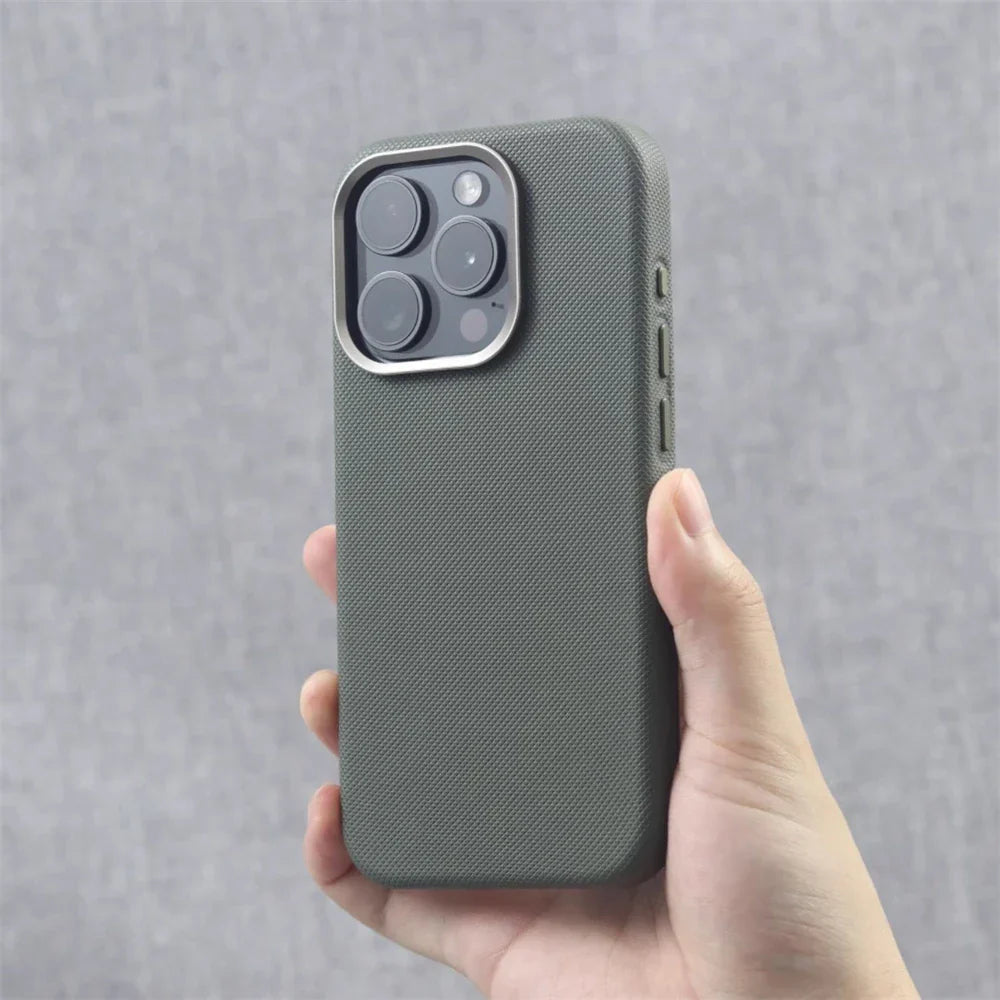 Luxury Alloy Lens Frame Particle PU Leather Magnetic Case For iPhone 17 16 Pro Max 15 14 13 For Magsafe Wireless Charging Cover