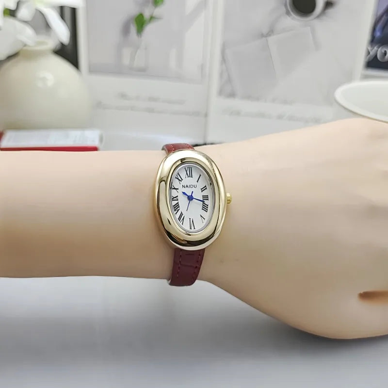 Luxury Women Vintage Oval Goose Egg Quartz Watch Leather Strap Wristwatch Dress Ladies Watches Christmas Gift Clock Relojes