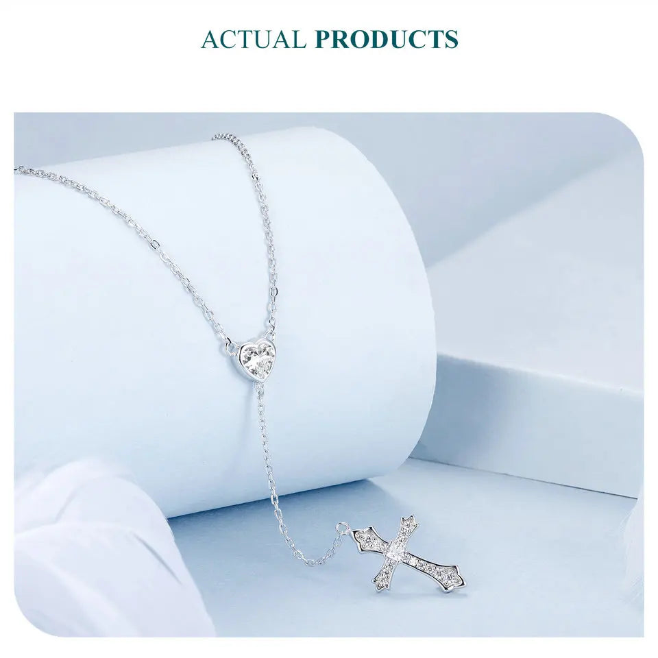 925 Sterling Silver Delicate Heart-shaped Pendant Necklace Y-shaped Cross Chain Necklace for Women Party Dainty Jewelry